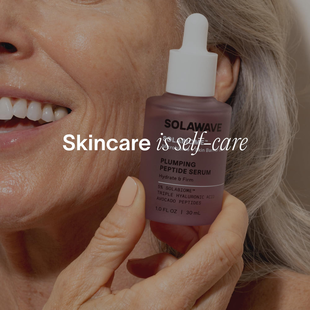 Solawave Plumping Peptide Serum label showing probiotic and hyaluronic components