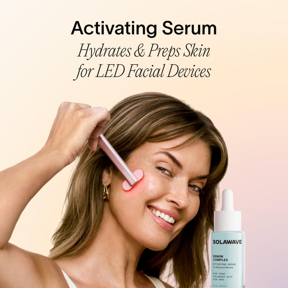Solawave Renew Complex Serum top view showcases clean packaging and fragrance-free hydration