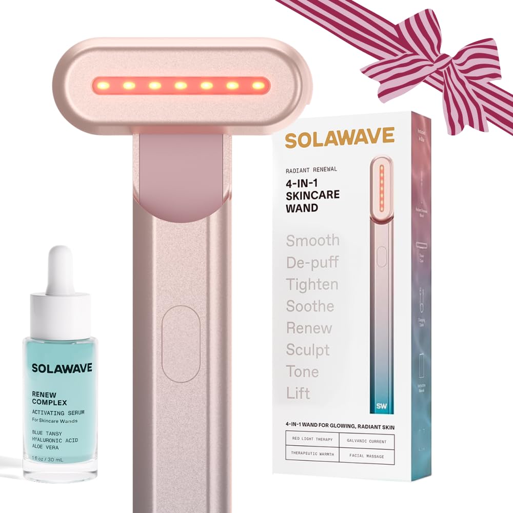 Solawave 4-in-1 wand in action delivering facial therapy.