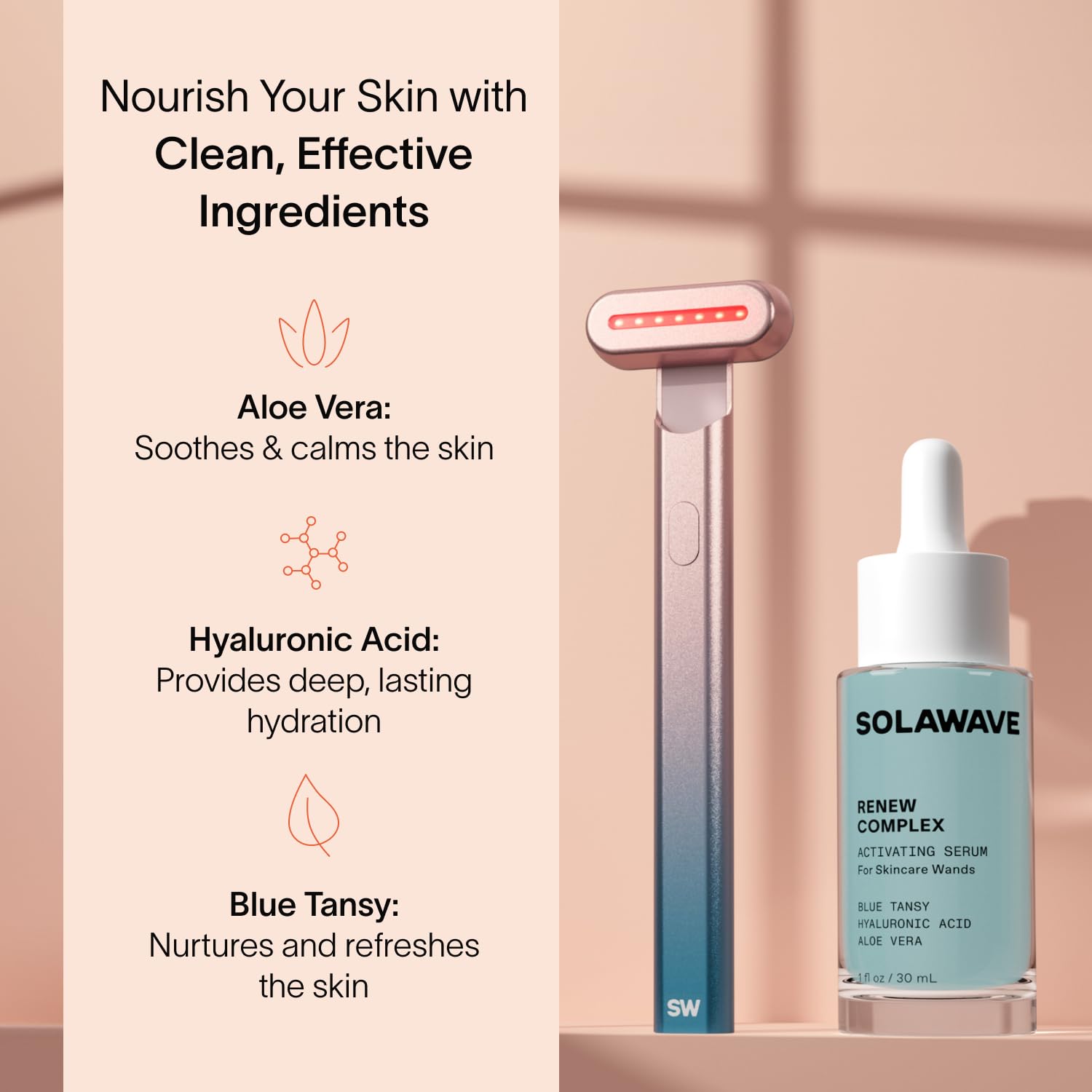 Solawave wand with 180-degree rotating head gliding across contours.