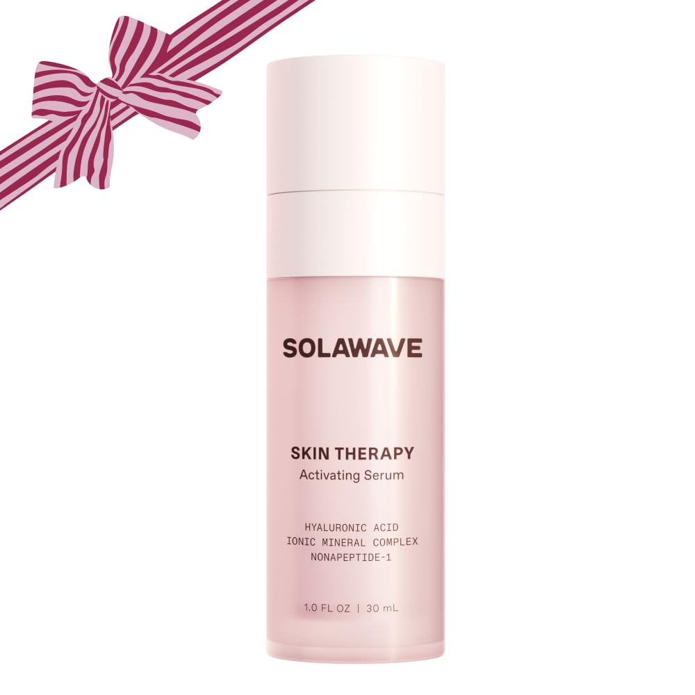 Solawave Wand Skin Therapy Activating Serum bottle closeup highlights hydration and radiant skin.