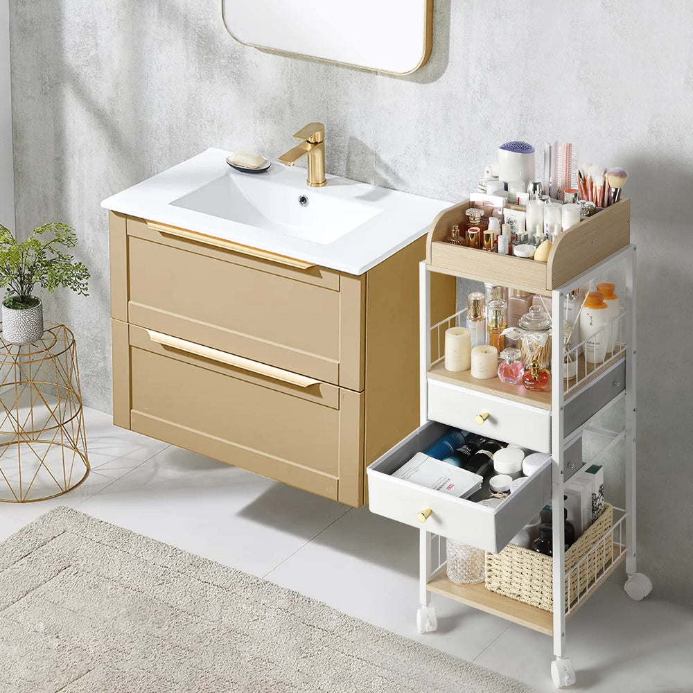 SOLIMINTR full vanity setup demonstrates organized storage for skincare and cosmetics.