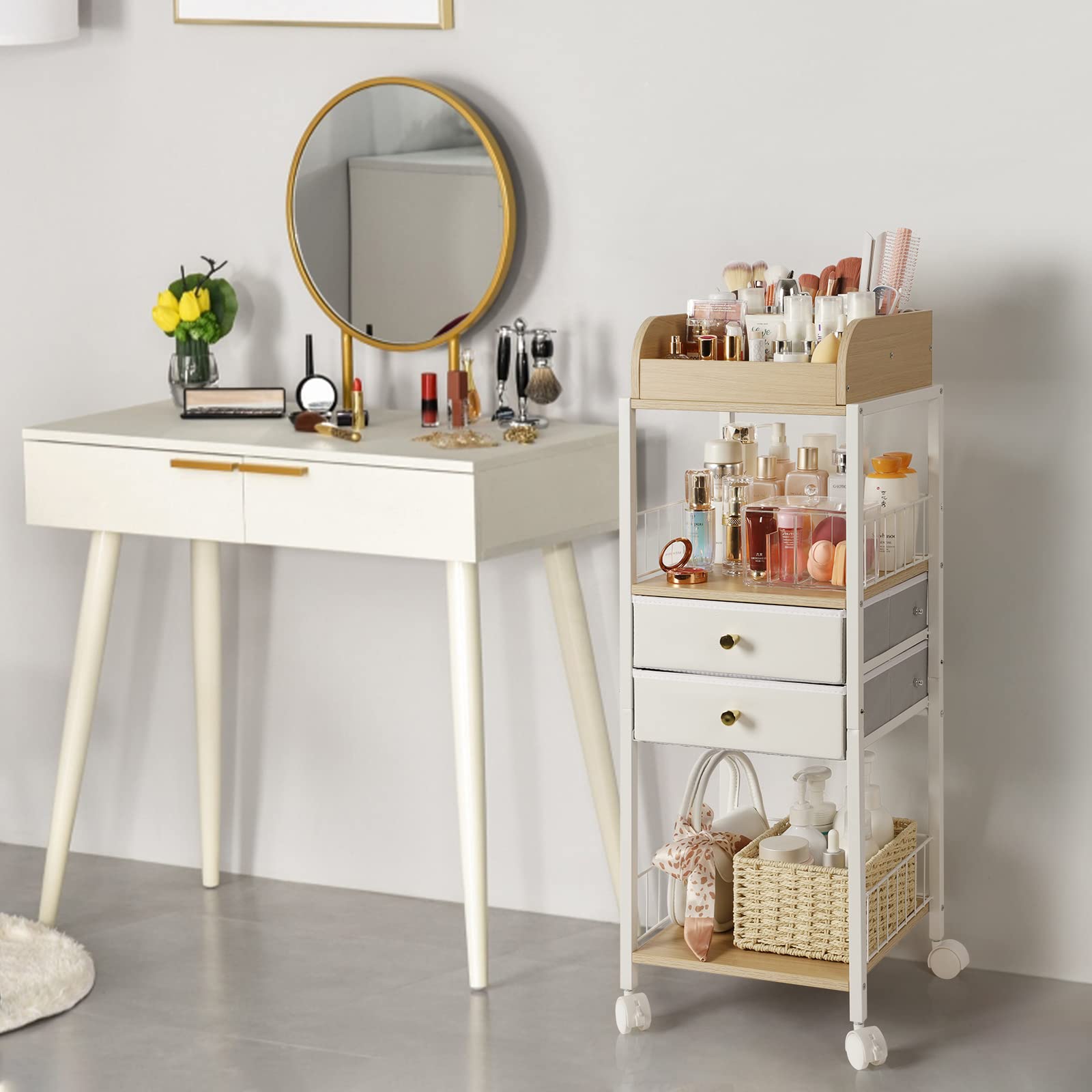 SOLIMINTR makeup organizer middle open shelf stores full-size cleansers and toners within reach.
