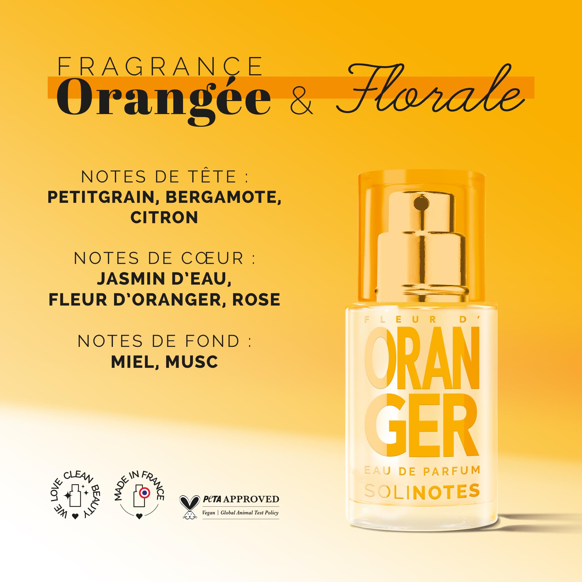 Solinotes Orange Blossom bottle front view showing soft floral appeal.