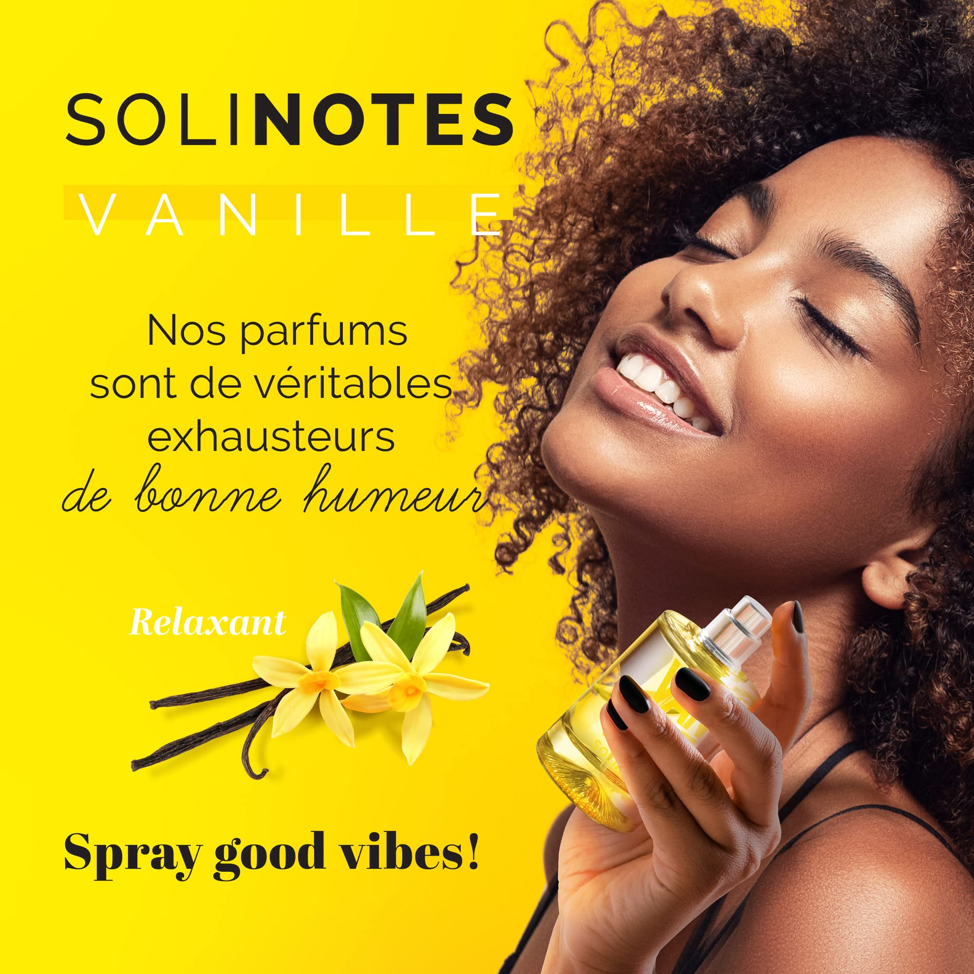 Solinotes Vanilla lifestyle shot with a woman conveys versatile unisex fragrance appeal