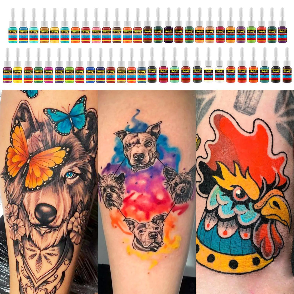 Solong Tattoo ink set 54 colors color swatches illustrate broad palette for shading.