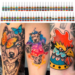 Solong Tattoo ink set 54 colors color swatches illustrate broad palette for shading.