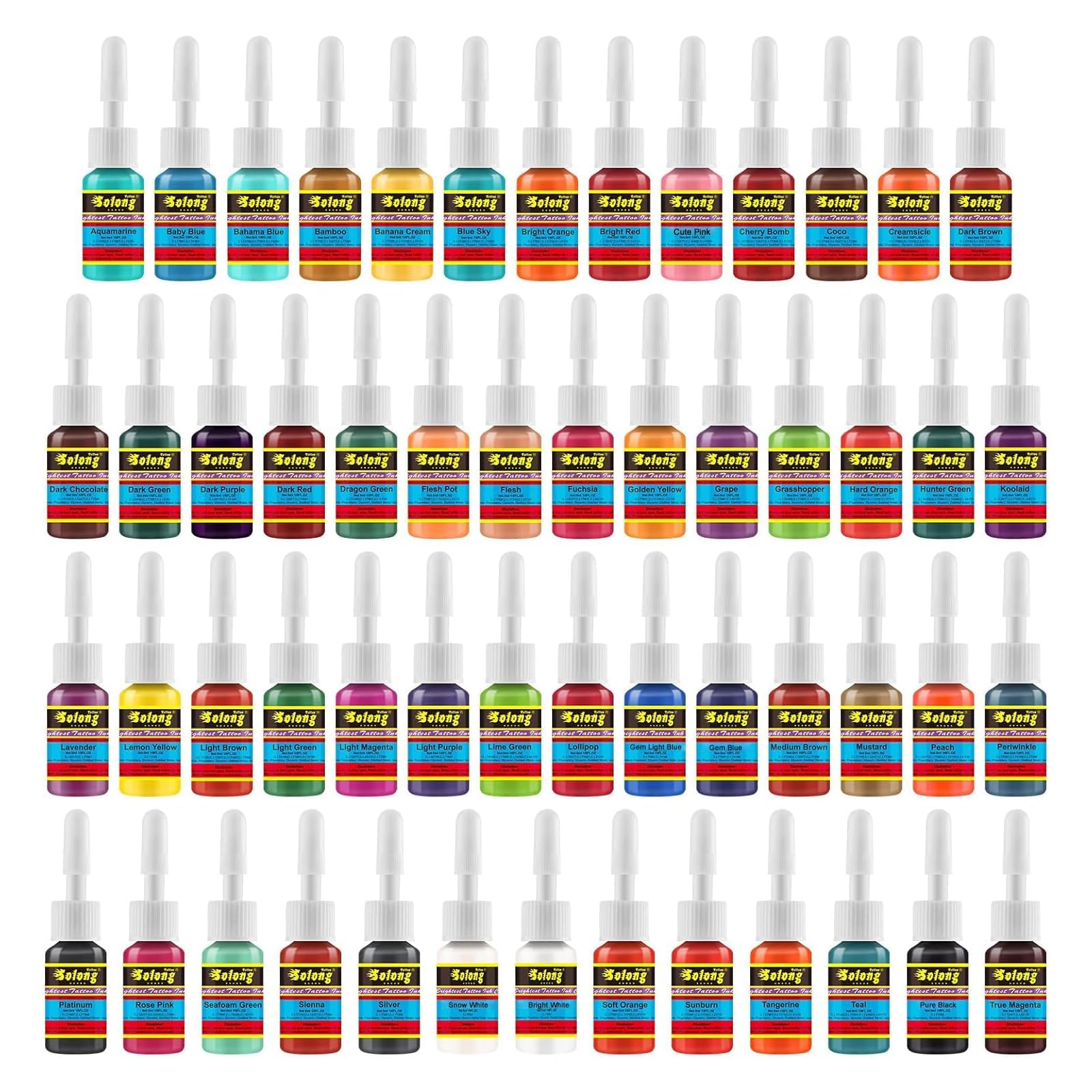 Solong Tattoo ink set 54 colors outlines bright pigments for crisp line work.