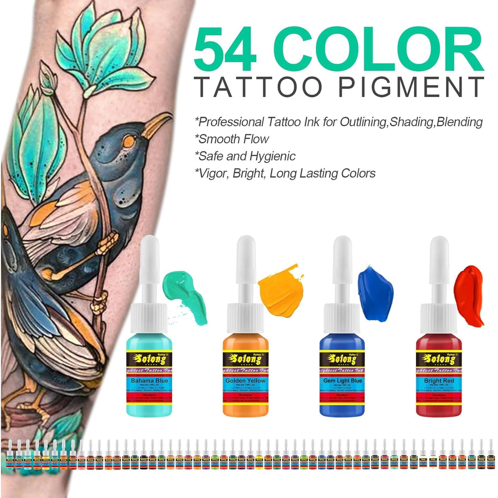 Solong Tattoo ink set 54 colors shake before use cue helps pigment suspension.