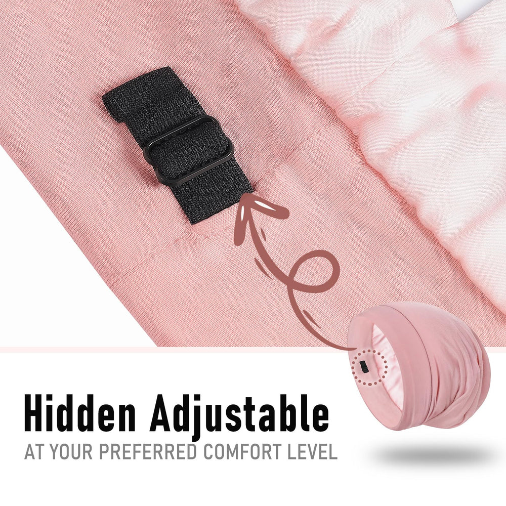 SOLZEK Silk Bonnet pink worn on head shows comfortable, non-slip overnight protection