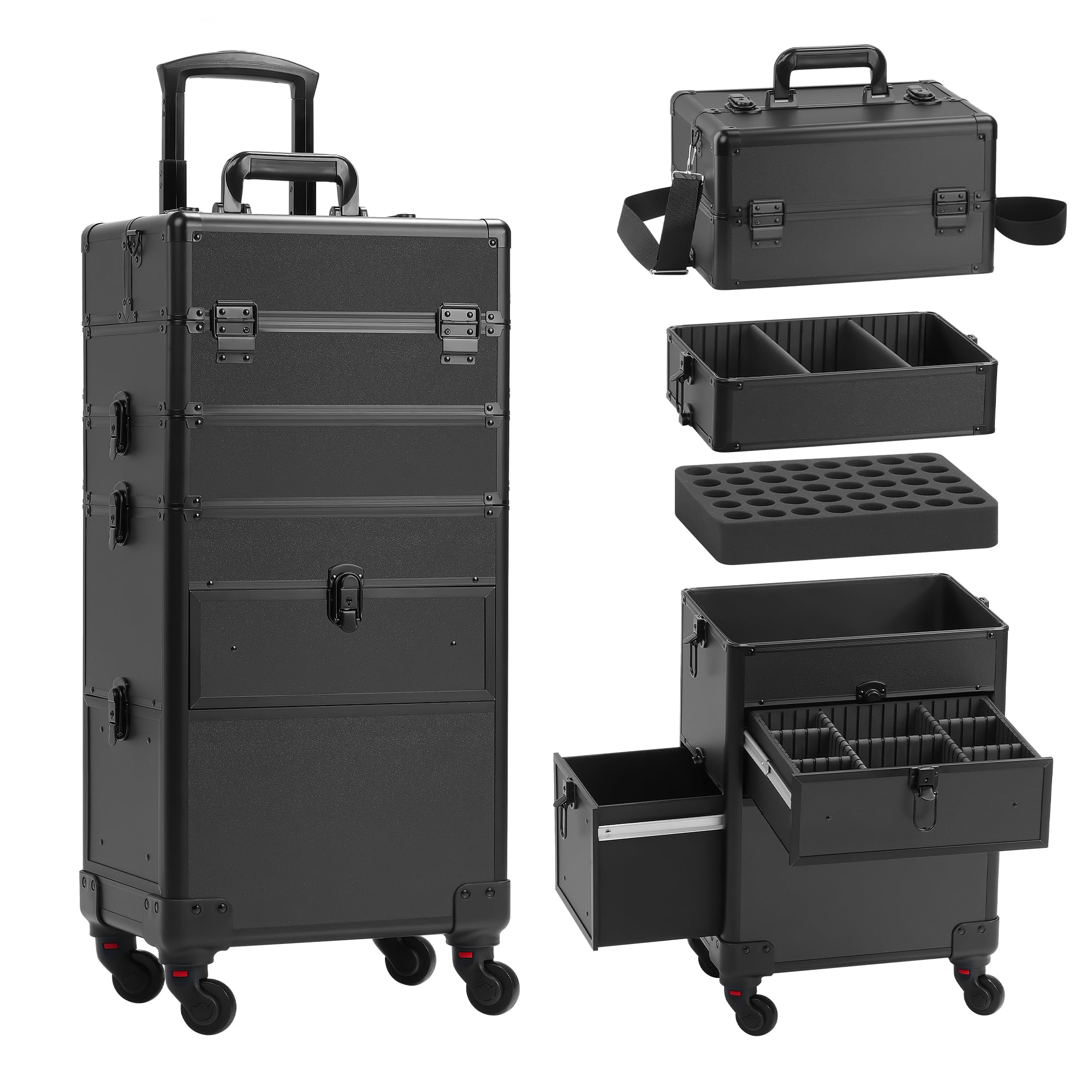 Somduy 4in1 rolling makeup case wheels showing portable organization for on-site beauty sessions