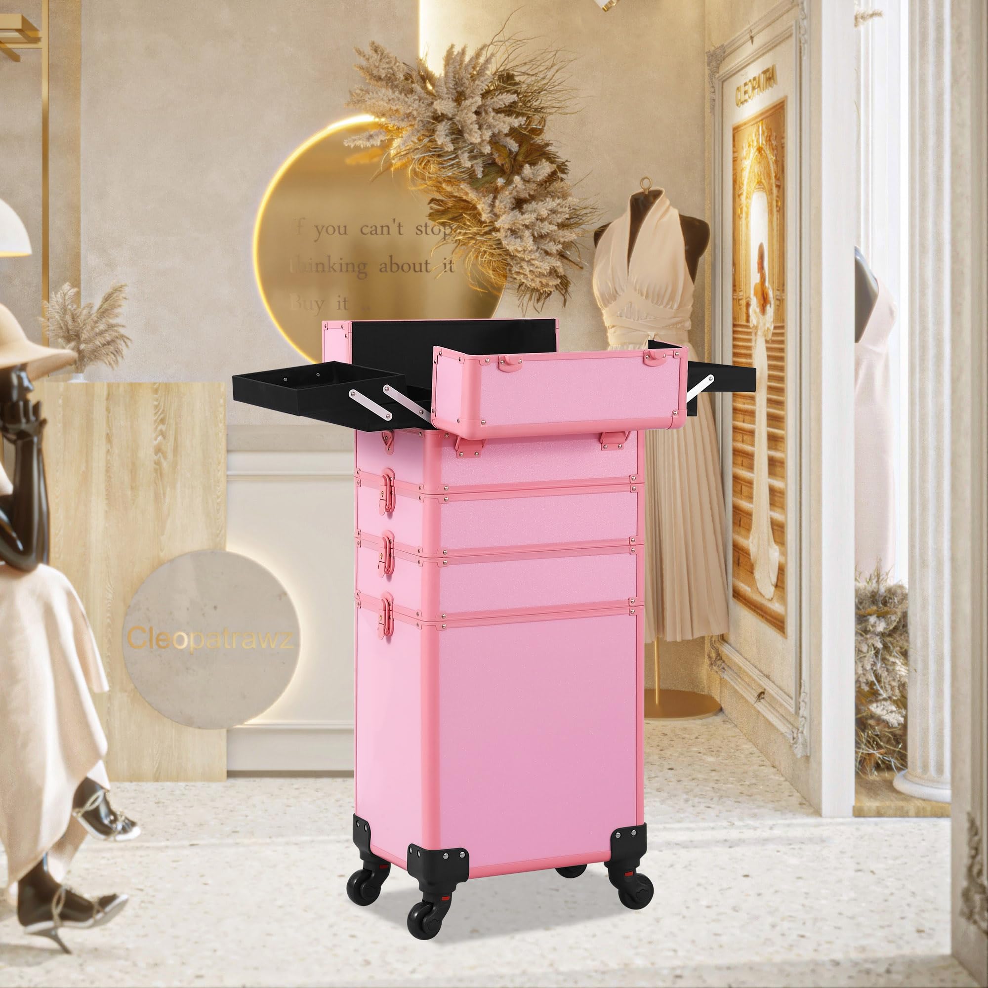 Somduy makeup train case pink detachable wheels offer modular setup options.