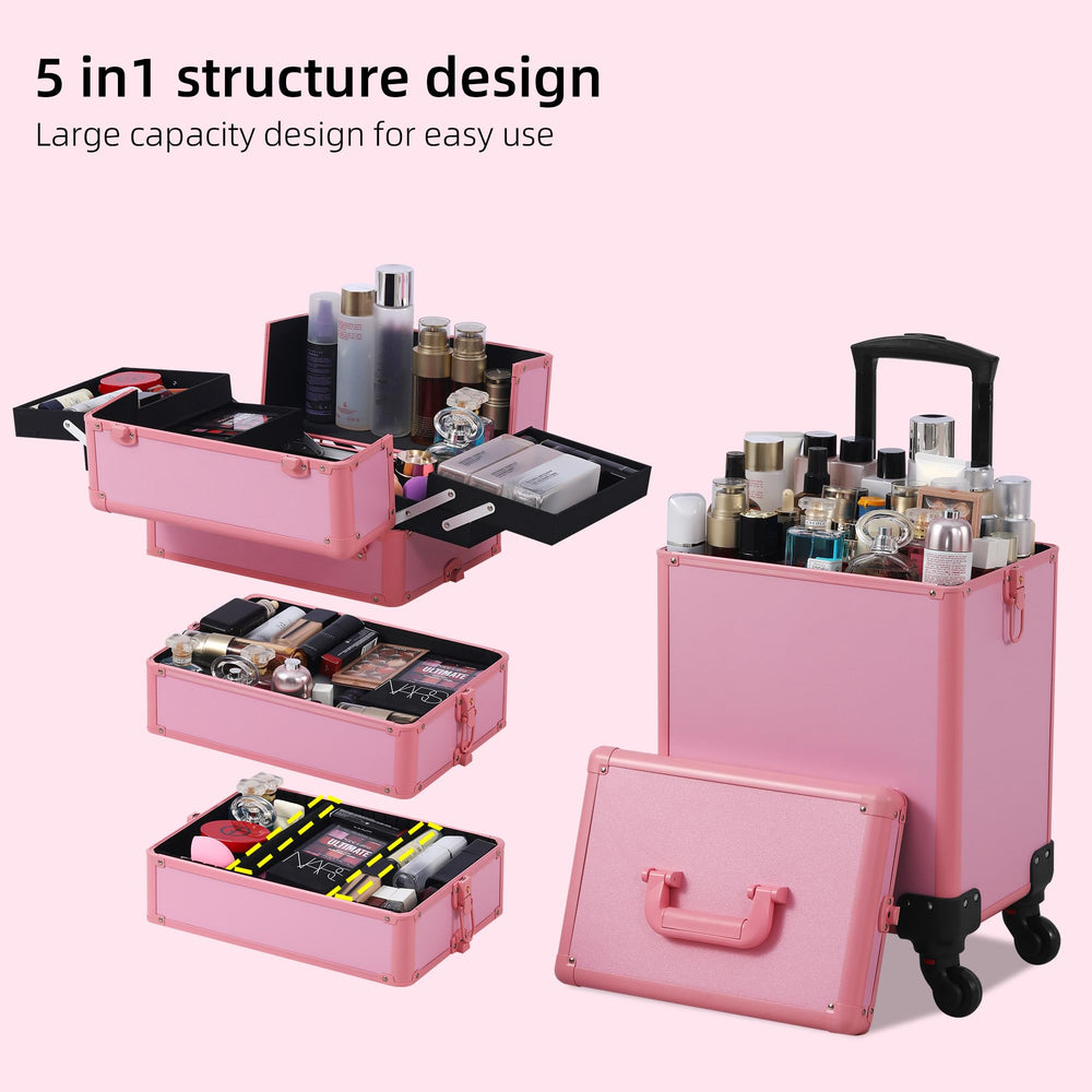 Somduy makeup train case pink bonus lid enables standalone first layer use.