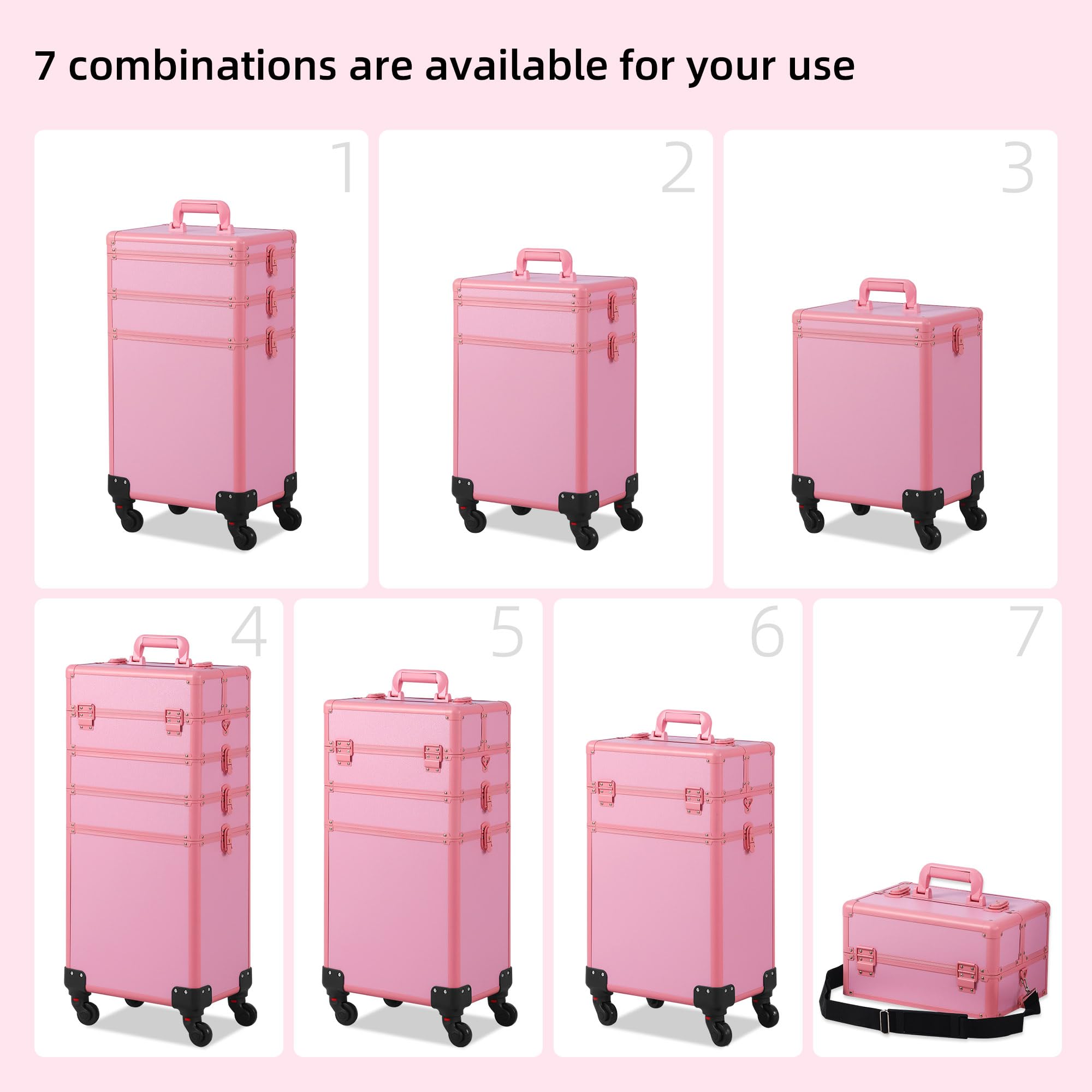 Somduy makeup train case pink detachable compartments highlight customizable storage for cosmetics.