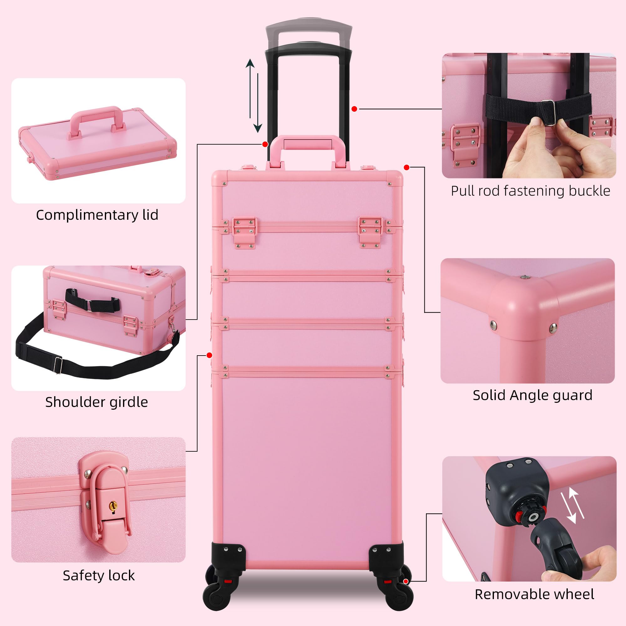 Somduy makeup train case pink extendable handle suits comfortable transport.