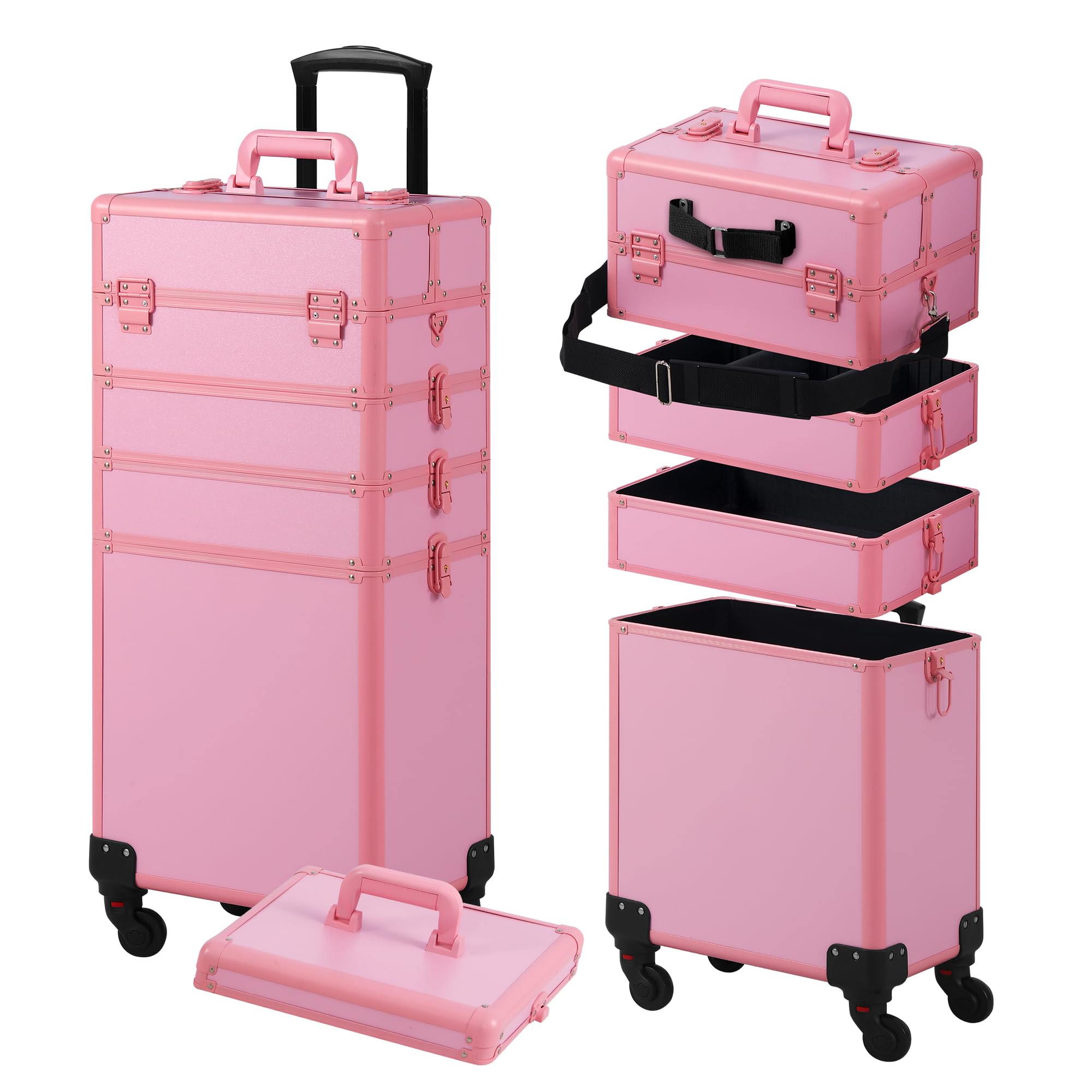 Somduy makeup train case pink front view shows portable organization for on-the-go artists.