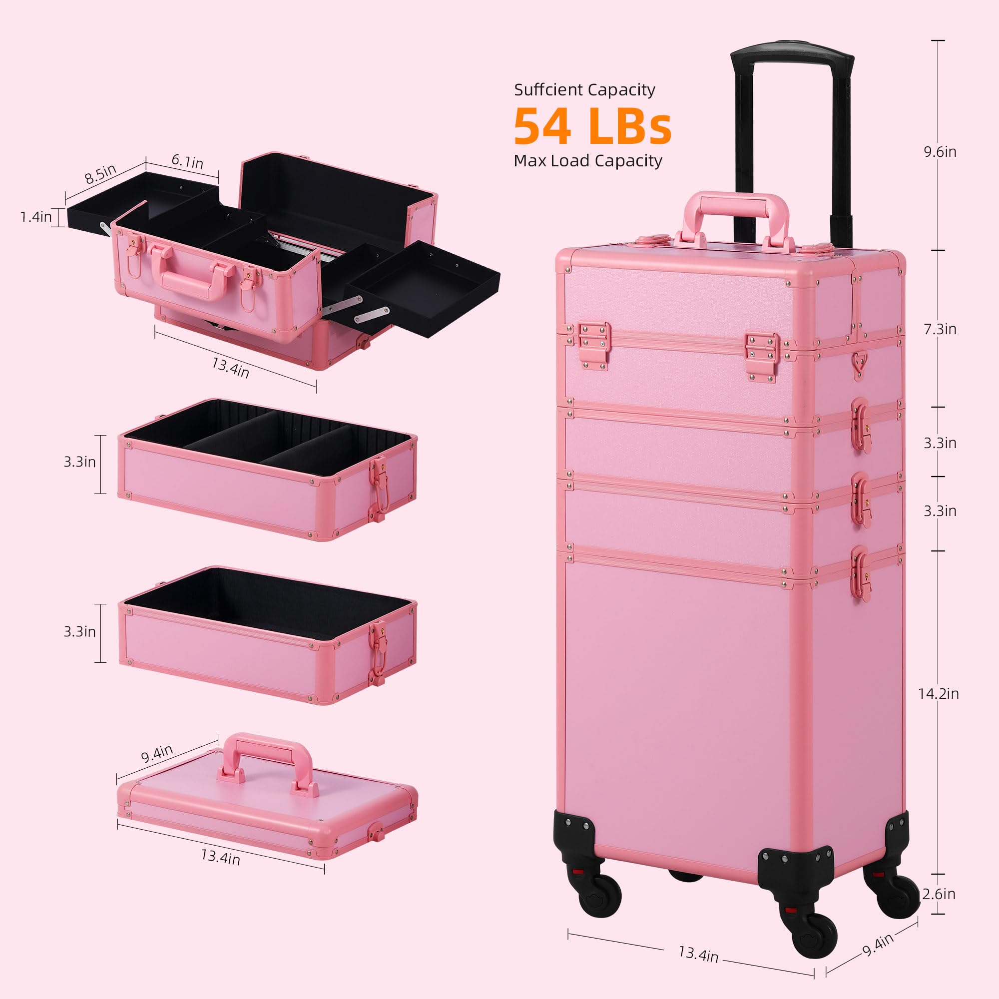 Somduy makeup train case pink locks keep items secure on multiple layers.