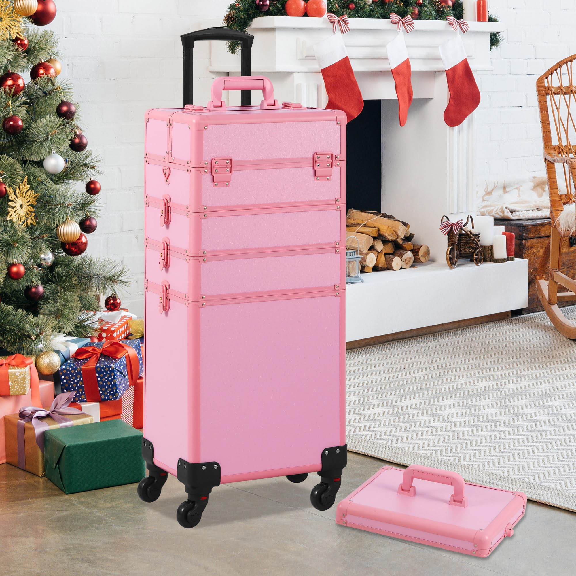 Somduy makeup train case pink side lid-open view demonstrates 5-in-1 versatility.