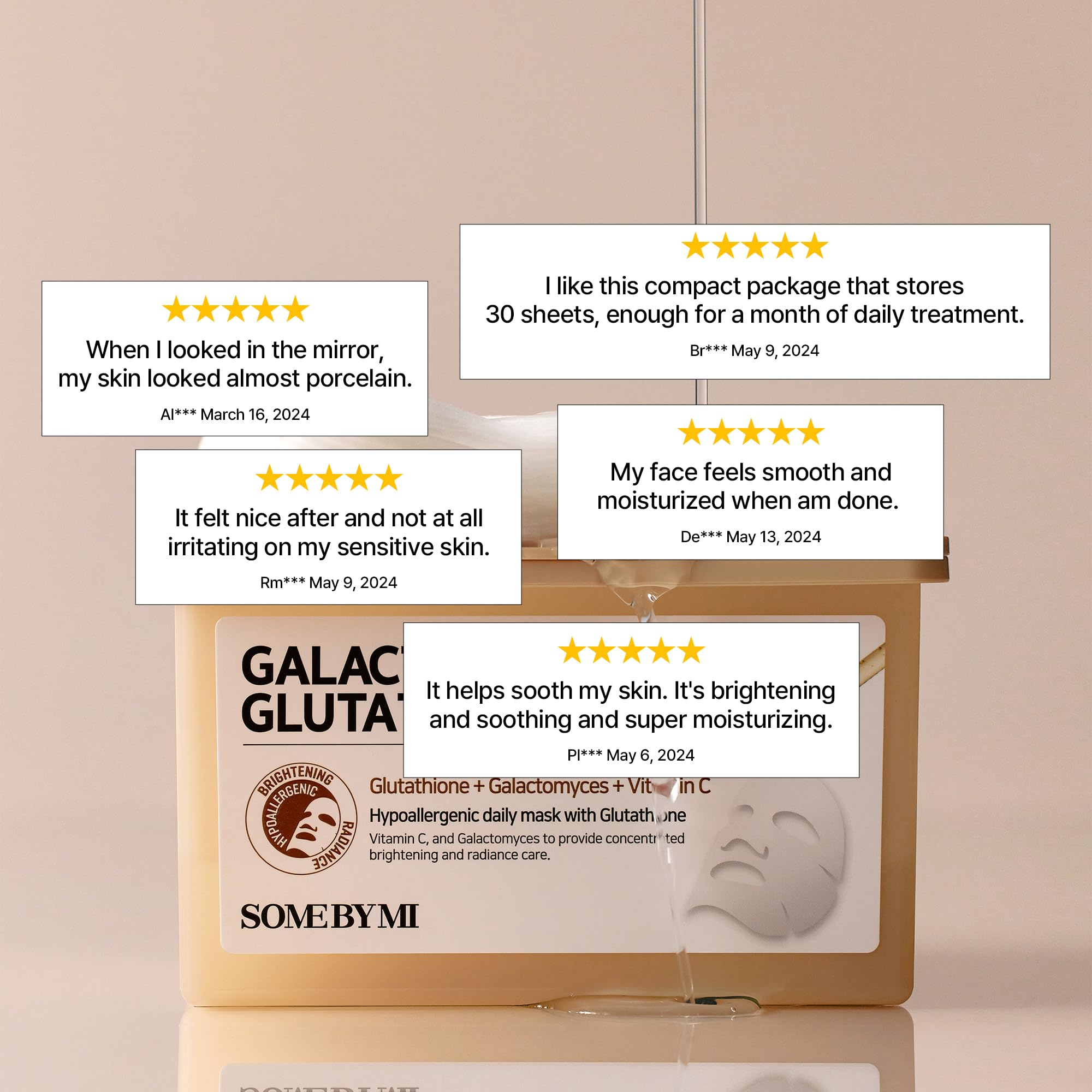SOME BY MI Galactomyces Glutathione Daily Mask features 8-hyaluronic-acid hydration.