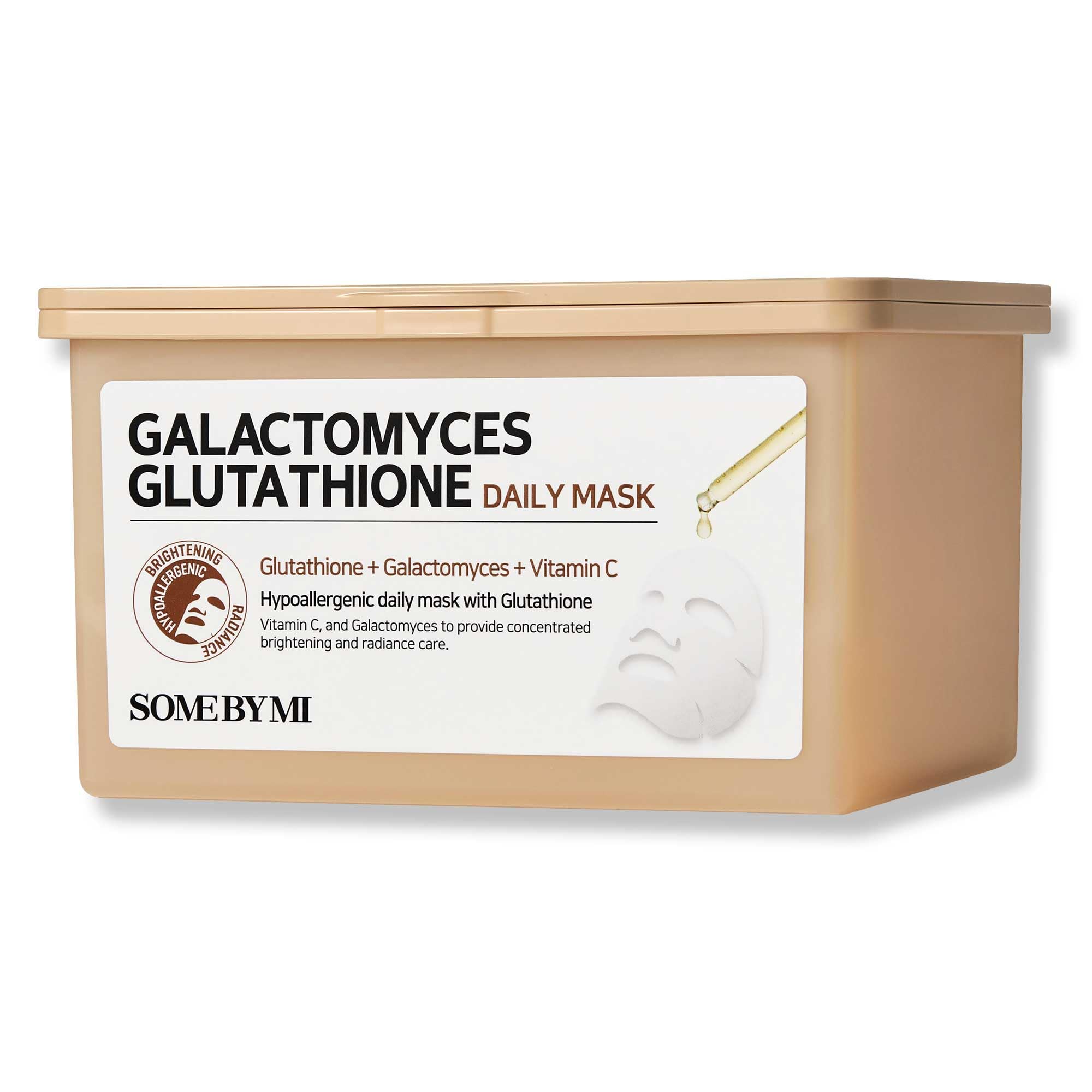 SOME BY MI Galactomyces Glutathione Daily Mask packaging showing vegan certification and brightening potential.