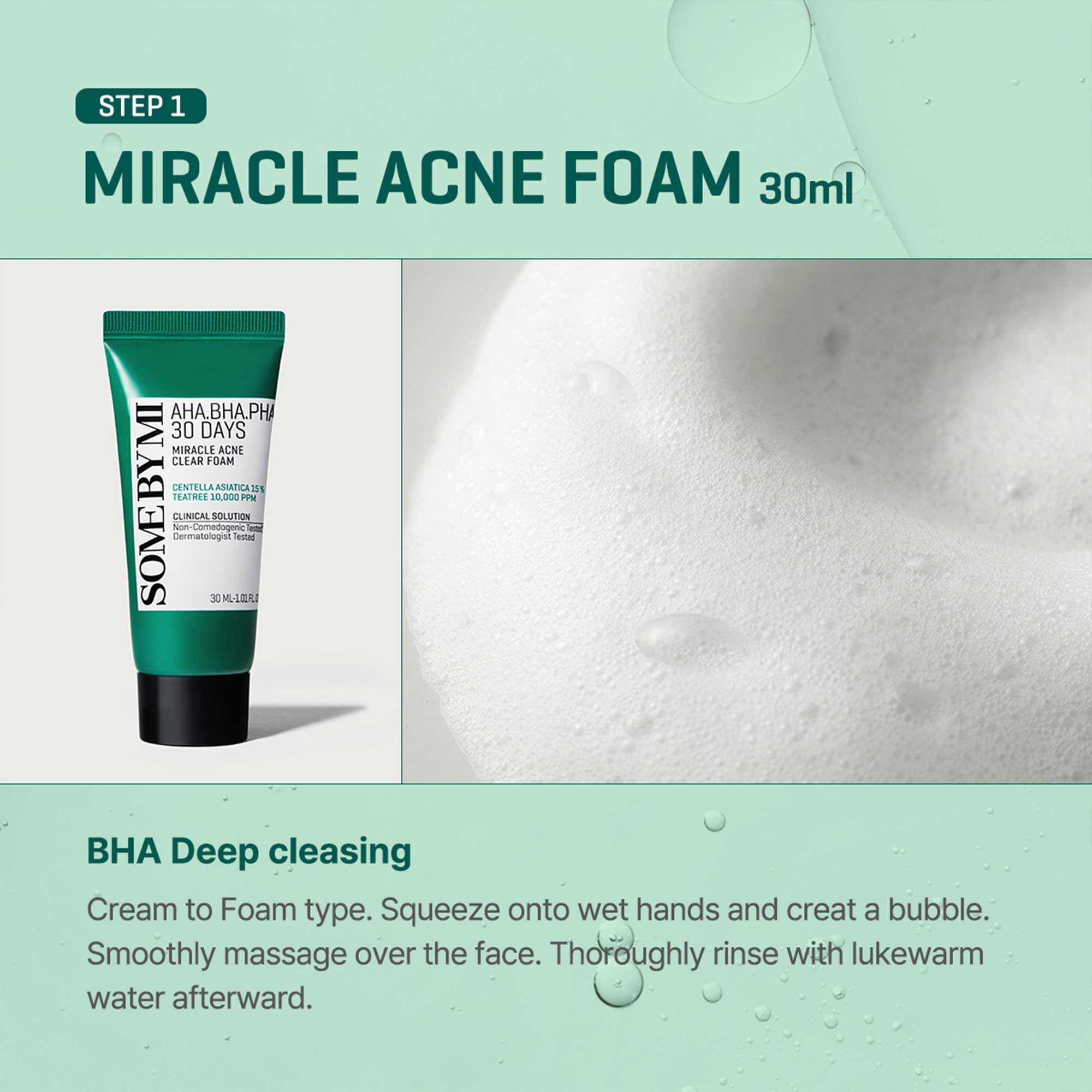 SOME BY MI Miracle foam pump displaying gentle cleansing for sensitive skin.