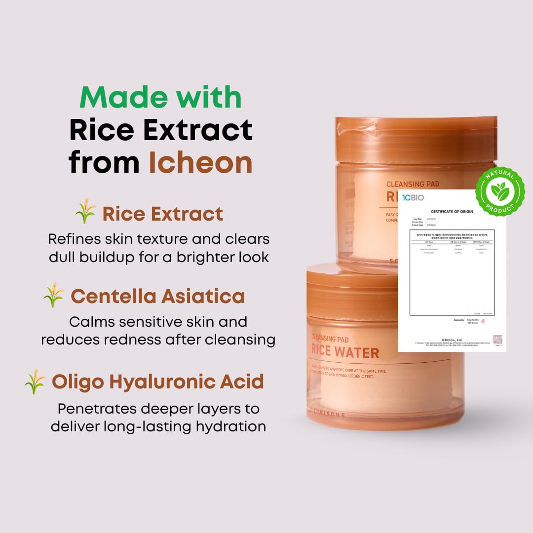 SOMISOME Rice Water Cleansing Pad oligo-hyaluronic-acid supports deep hydration during cleansing.