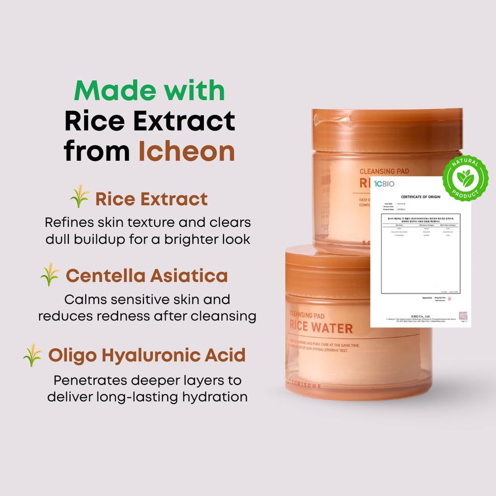 SOMISOME Rice Water Cleansing Pad oligo-hyaluronic-acid supports deep hydration during cleansing.