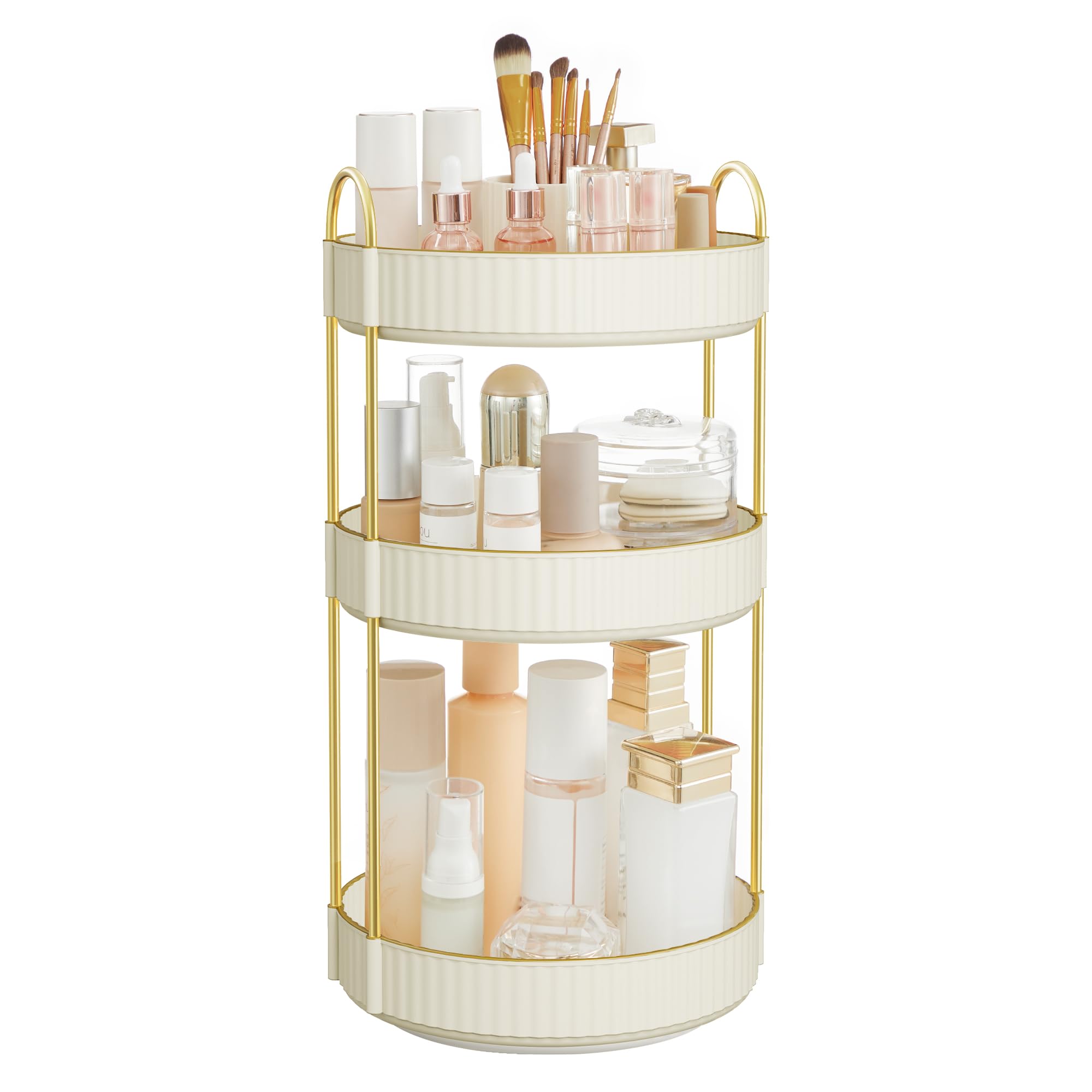 SONGMICS makeup organizer 3-tier round top view provides compact vanity storage.