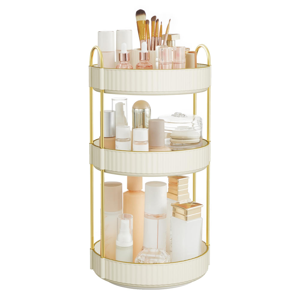 SONGMICS makeup organizer 3-tier round top view provides compact vanity storage.