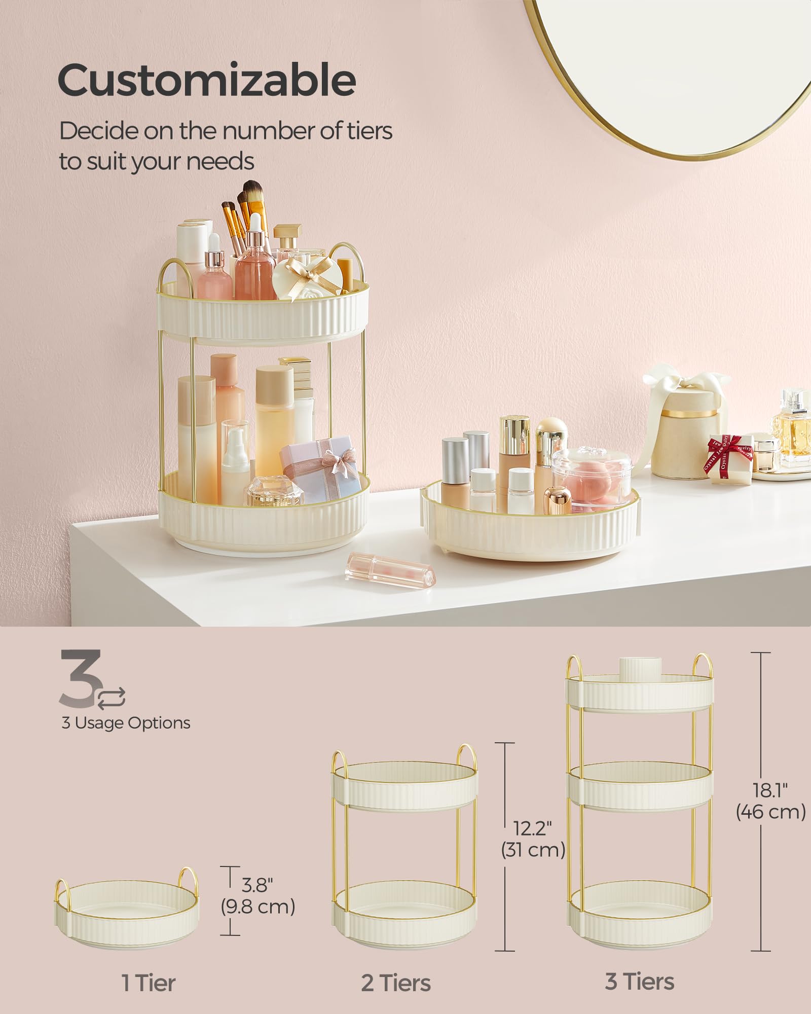 SONGMICS makeup organizer 360-degree turntable enables easy access to cosmetics.