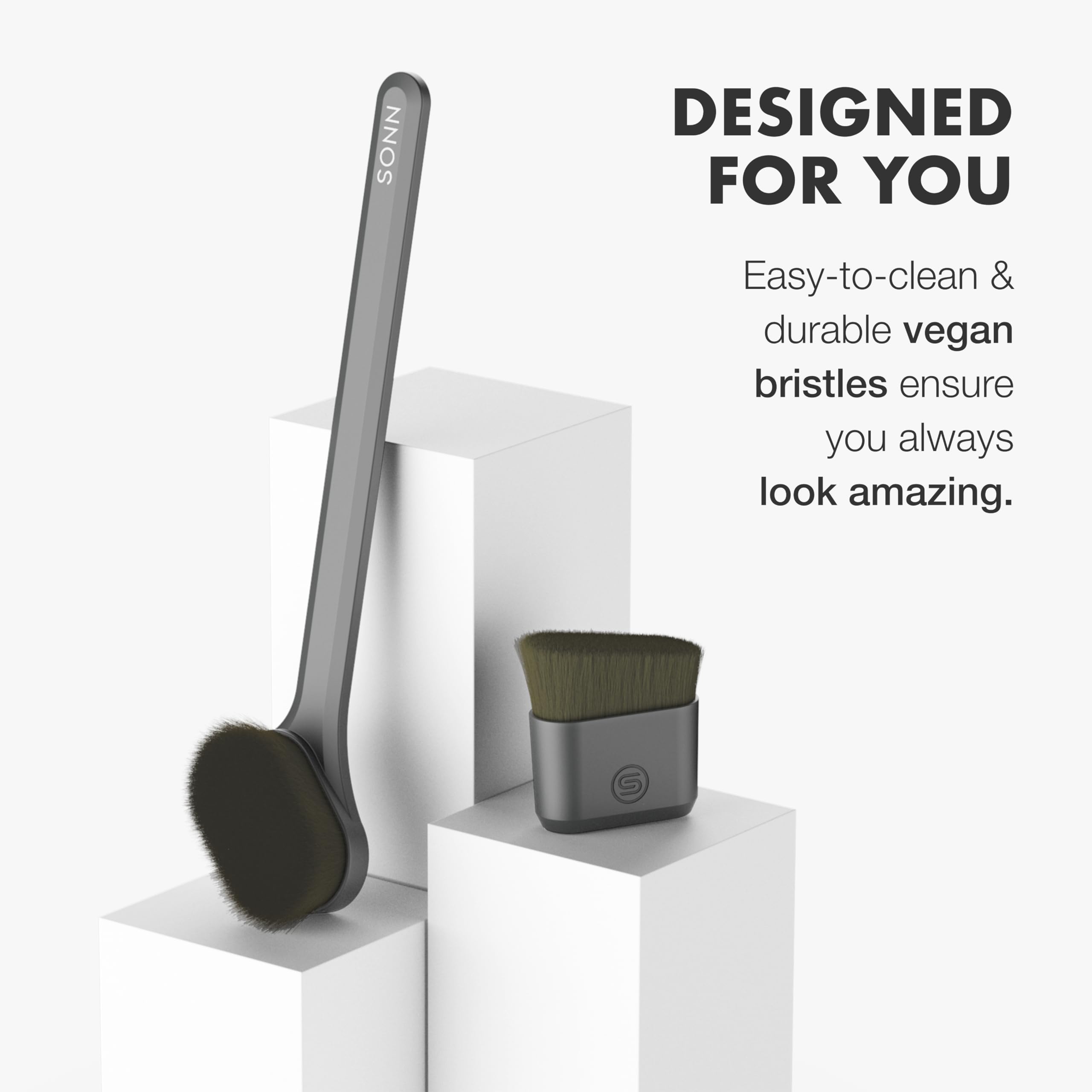 SONN Kabuki Brush Long Handle enables back coverage and hard-to-reach areas.