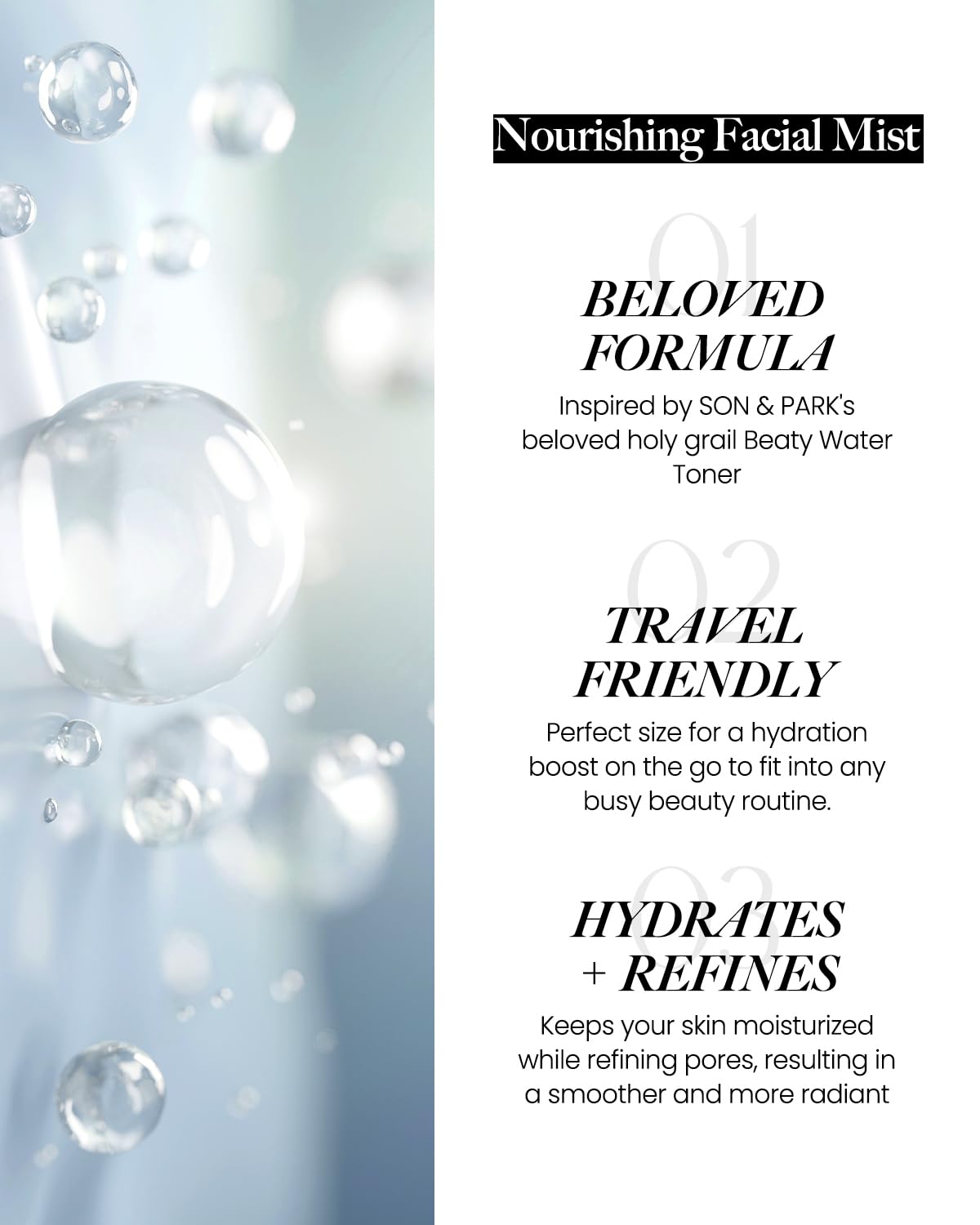 SON&PARK Beauty Water Mist Damask rose water highlight soothing, refreshing skincare ritual.