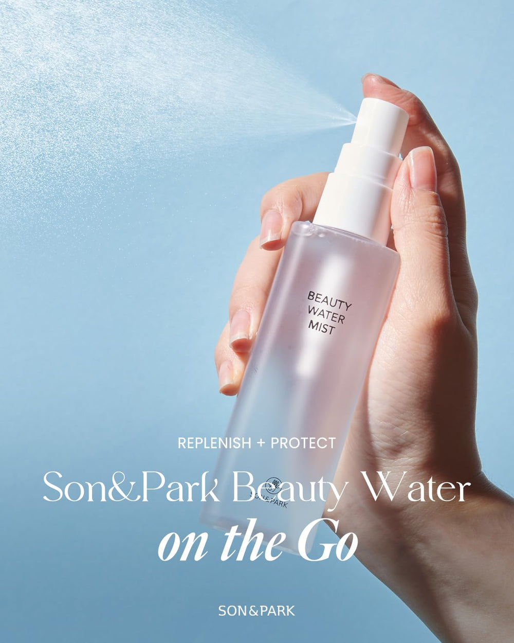 SON&PARK Beauty Water Mist packaging on table emphasizing versatile toner for face and body.