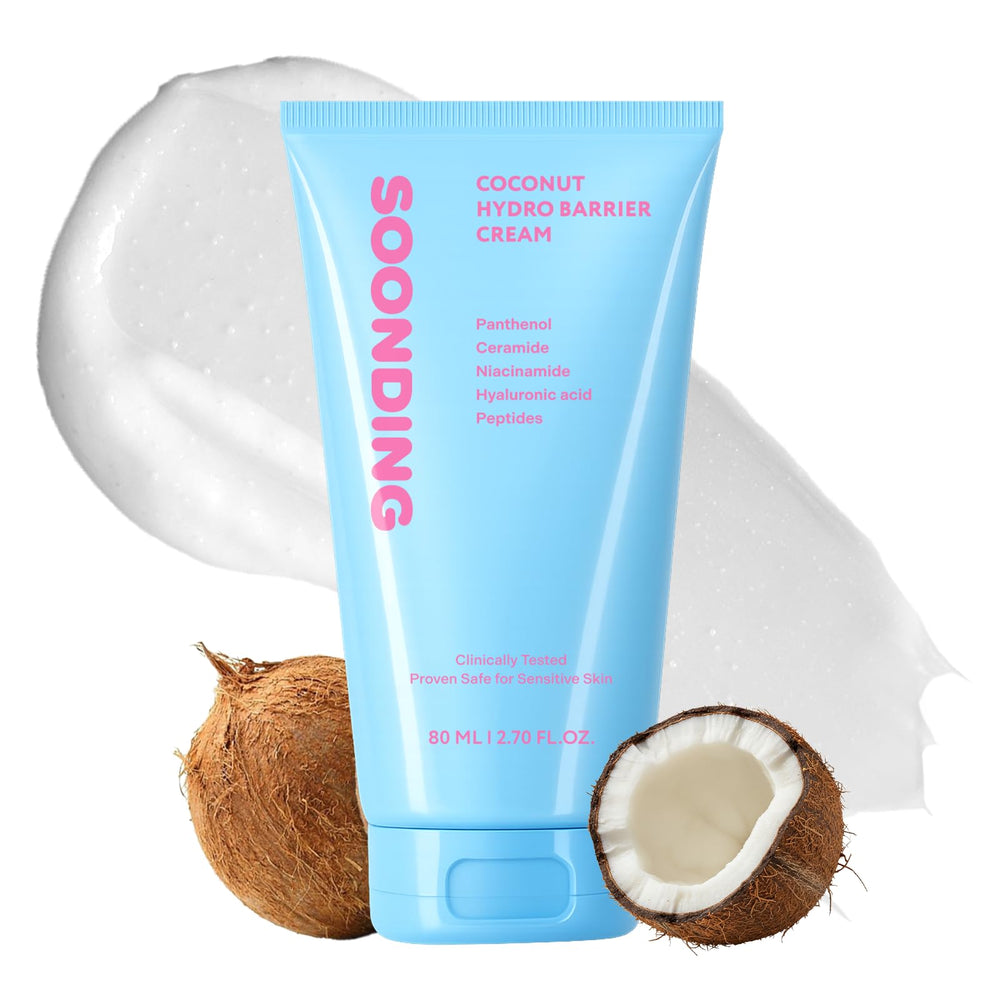 SOONDING Coconut Hydro Barrier Cream bottle close-up for non-greasy daily hydration.