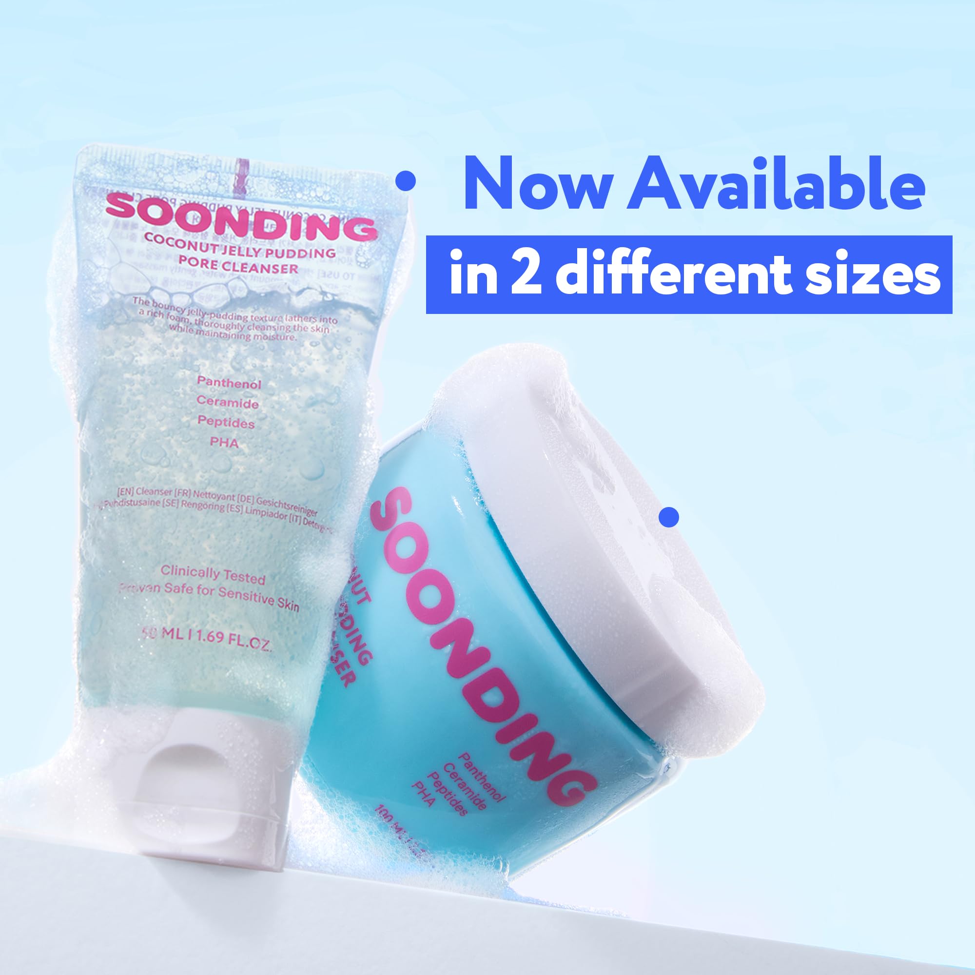 SOONDING Coconut Jelly Pudding Cleanser squeeze bottle releasing foam for makeup removal.