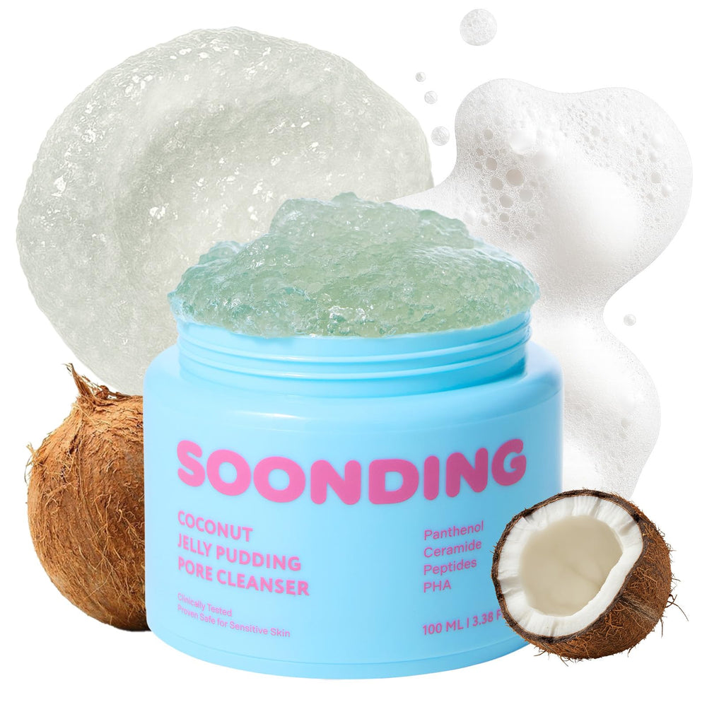 SOONDING Coconut Jelly Pudding Cleanser jar showing jelly-to-foam texture for deep cleansing.