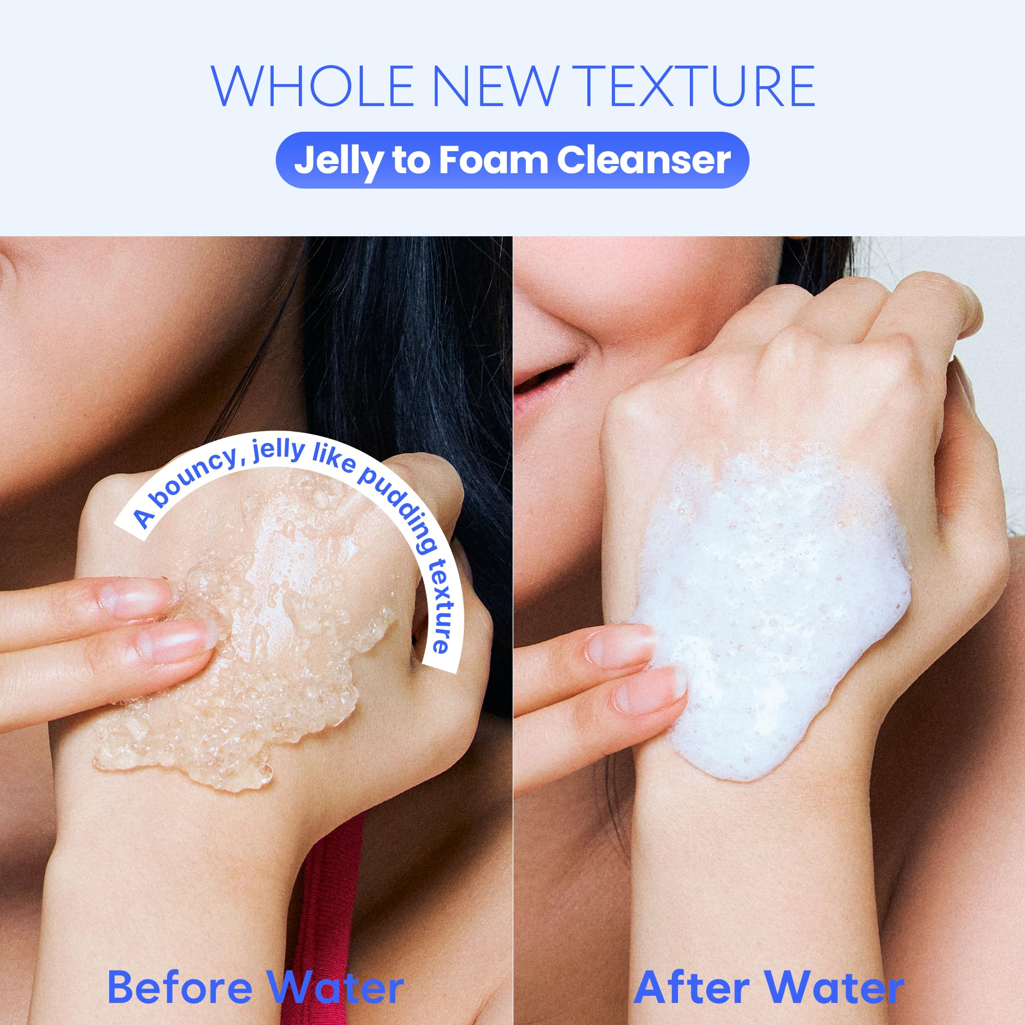 SOONDING Jelly-to-foam texture demonstrated in the palm for a comfortable cleanse.