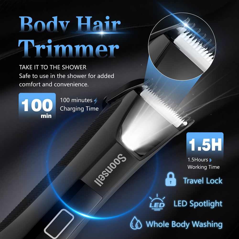 Soonsell Manscape Body Trimmer with LED light illuminates hard-to-see areas.