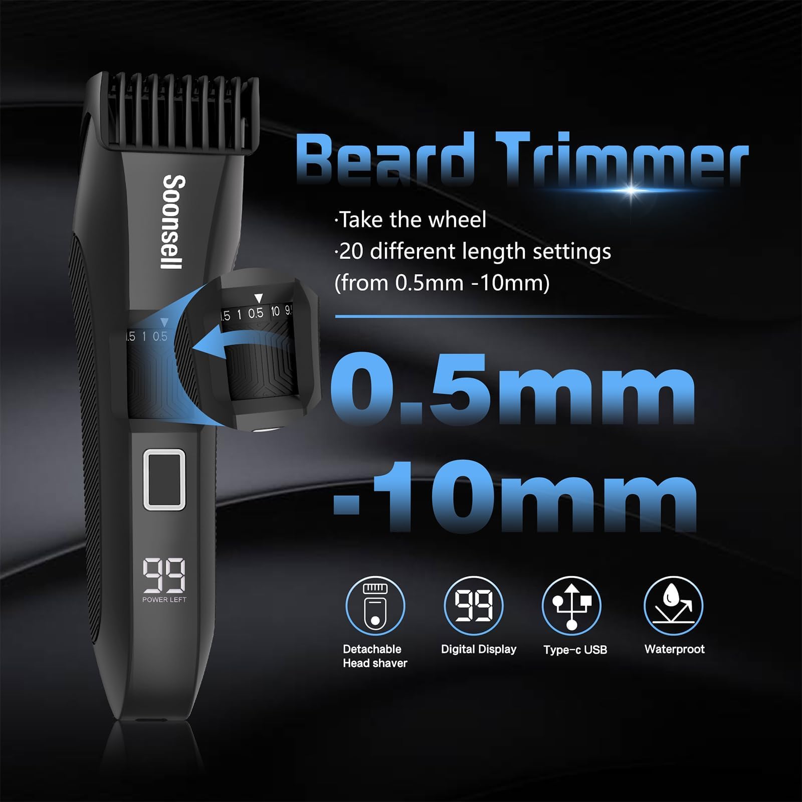 Soonsell Manscape IPX7 waterproof trimmer enables wet or dry use anywhere.