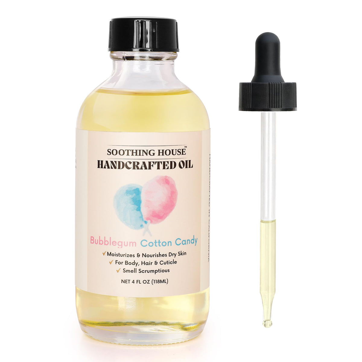 Soothing House Bubblegum Cotton Candy Oil bottle: fast-absorbing hydration for skin.