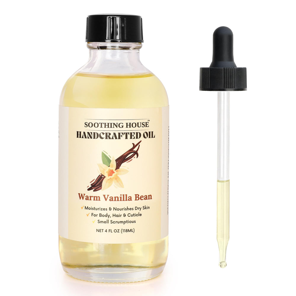 Soothing House Warm Vanilla Bean Body Oil bottle closeup highlighting rich hydration