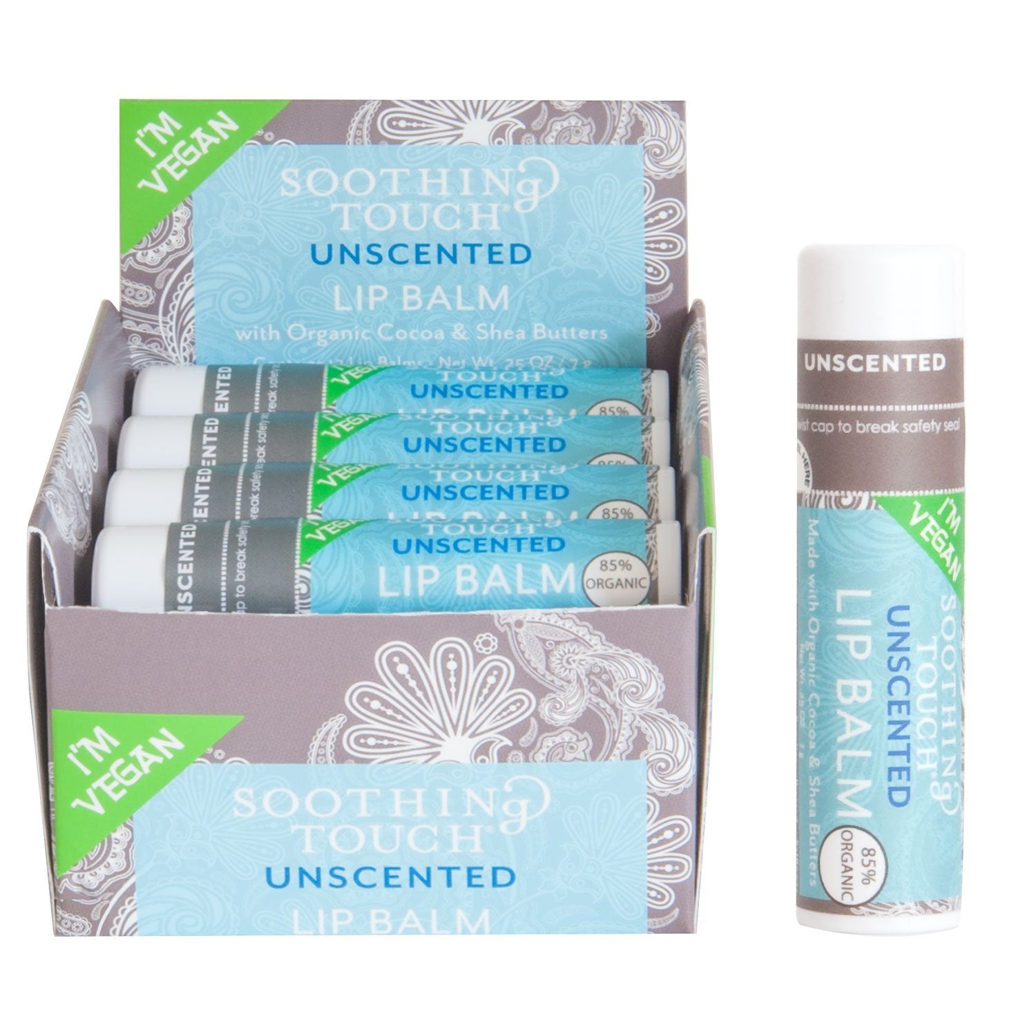 Soothing Touch unscented vegan lip balm tube closeup for everyday hydration.