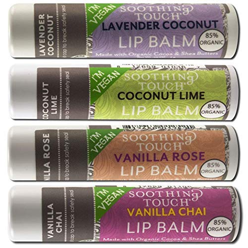 Soothing Touch Vegan Lip Balm tube shown for easy on-the-go hydration.