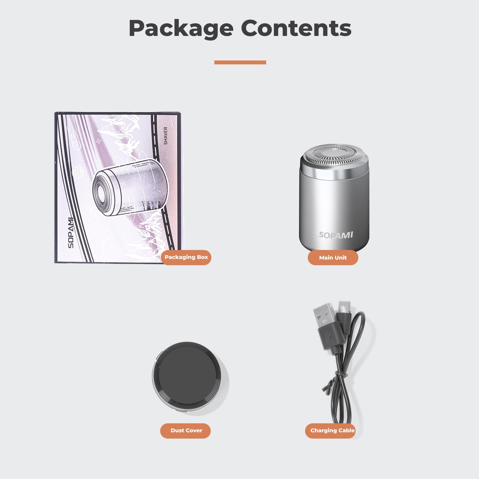SOPAMI Mini Shaver packaging contents including manual and dust cover.
