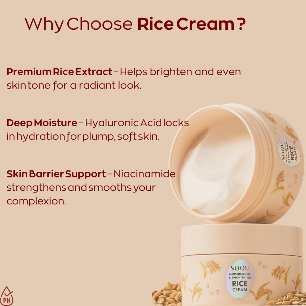 SOQU Rice Cream ingredients close-up highlights Niacinamide and plant extracts for balanced skin