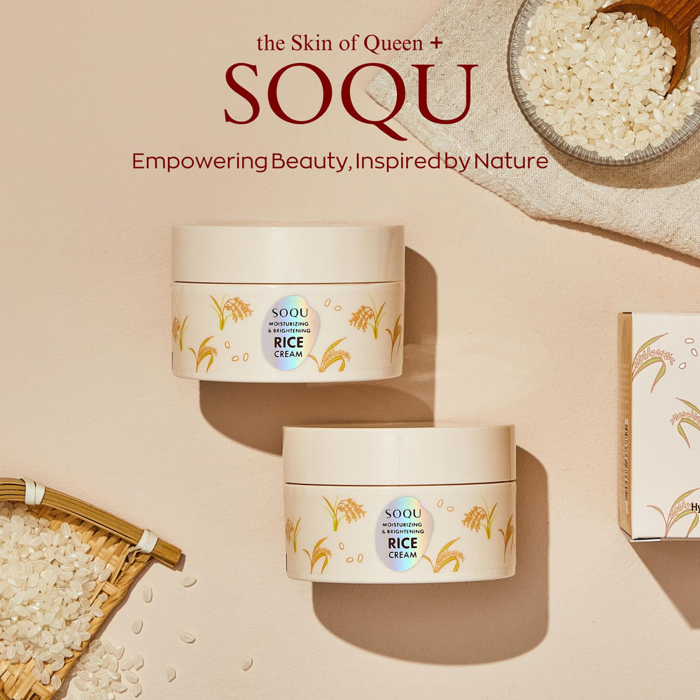 SOQU Rice Cream packaging with box and jar suggests premium, daily-use skincare