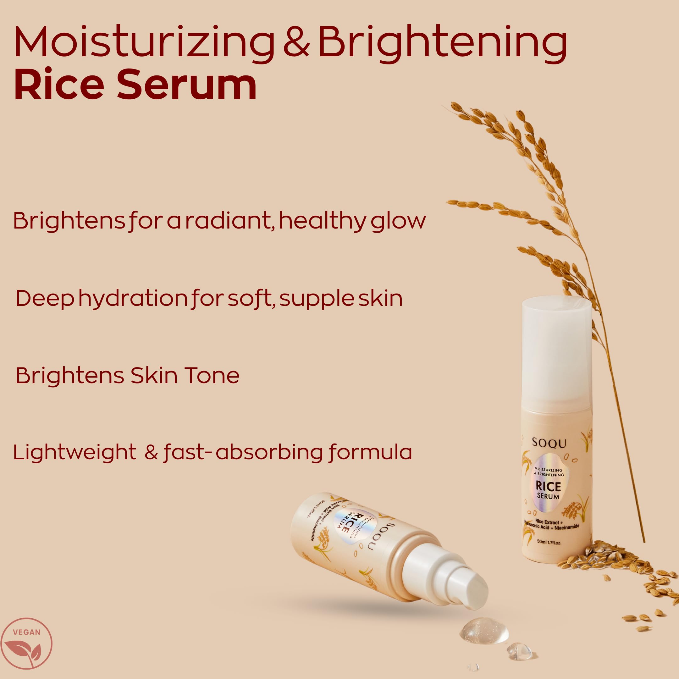 SOQU Rice Serum bottle in hand showing quick, lightweight daily application.