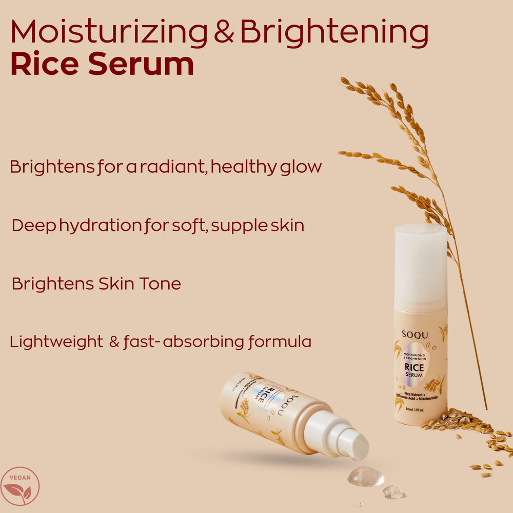 SOQU Rice Serum bottle in hand showing quick, lightweight daily application.