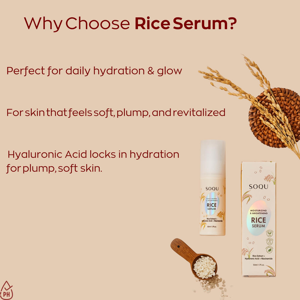 SOQU Rice Serum ingredient focus with Niacinamide and Hyaluronic Acid for hydration and brighten.