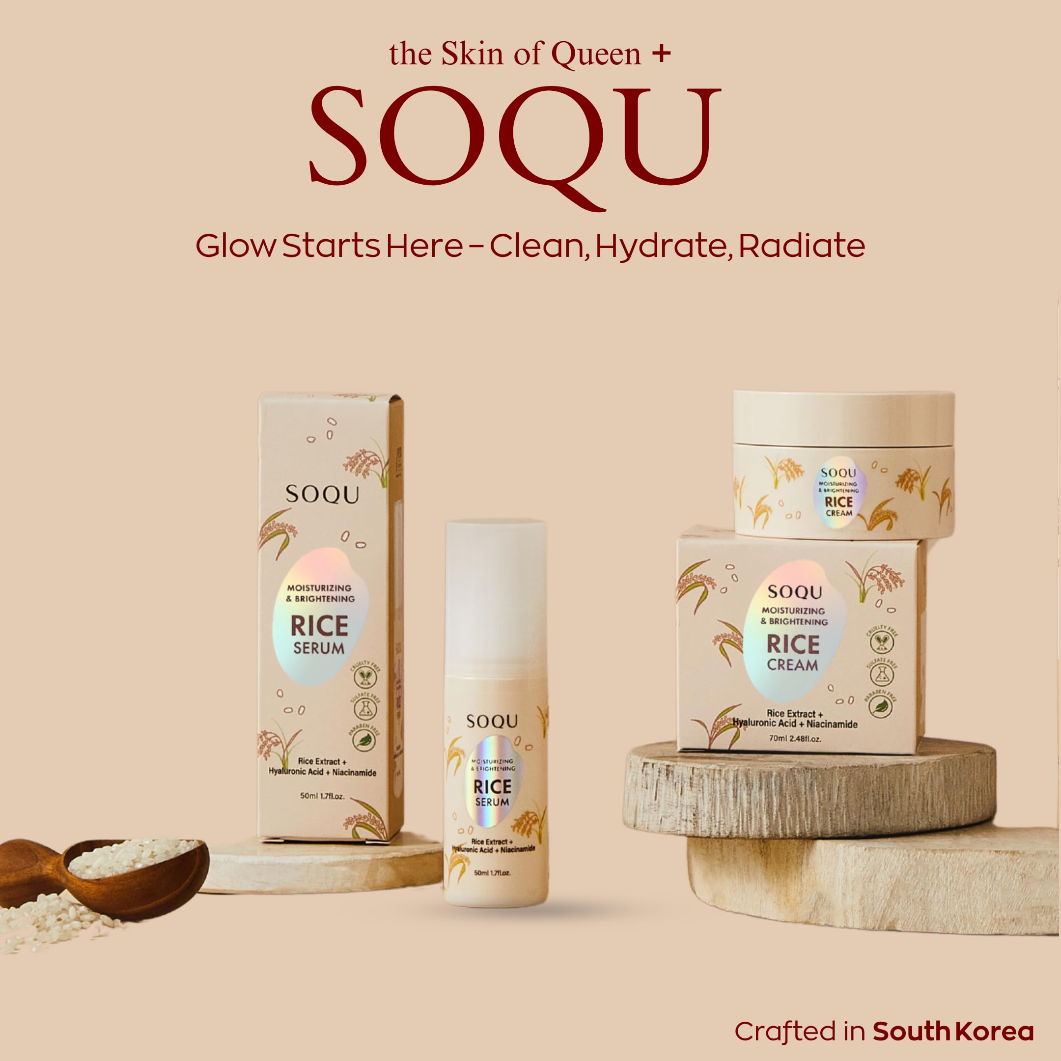 SOQU Rice Serum on skin displaying subtle glow and even tone.